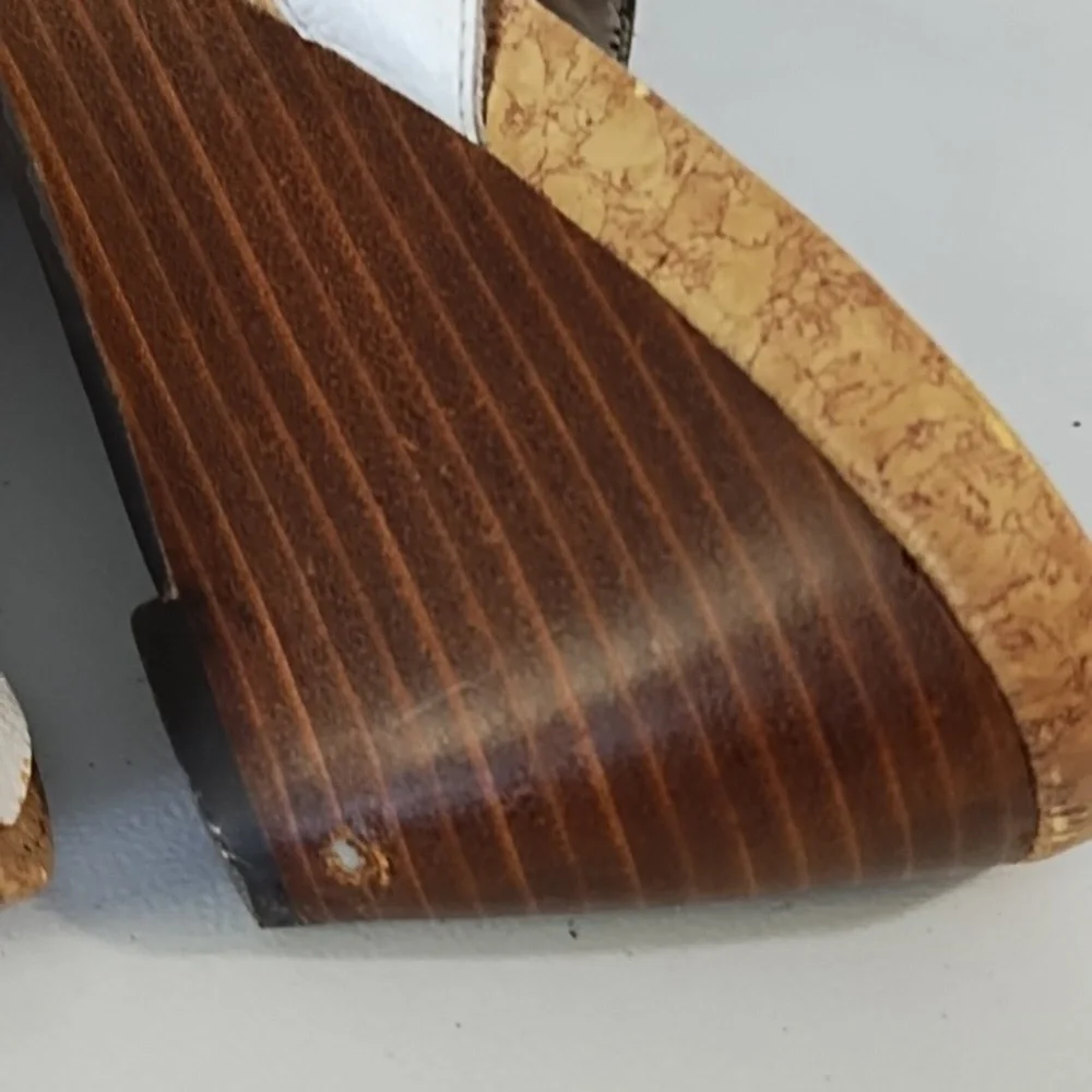 White Wedge Sandals with Leather Straps Stitching Cork Soles